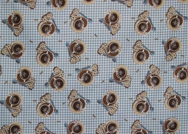 Patchworkstoff Kaffee mit Gebäck blau
