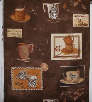 Patchworkstoff Rapport Kaffeetassen dunkelbraun
