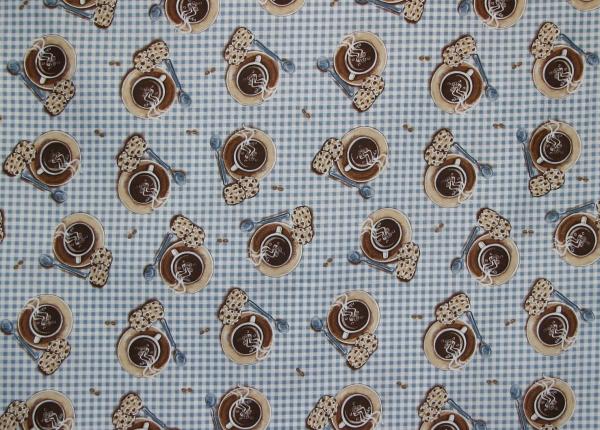 Patchworkstoff Kaffee mit Gebäck blau